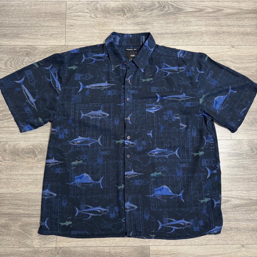 100% Washable Silk Utopia Mens‎ XXL Button Down Shirt Blue Marlin Tuna Nautical